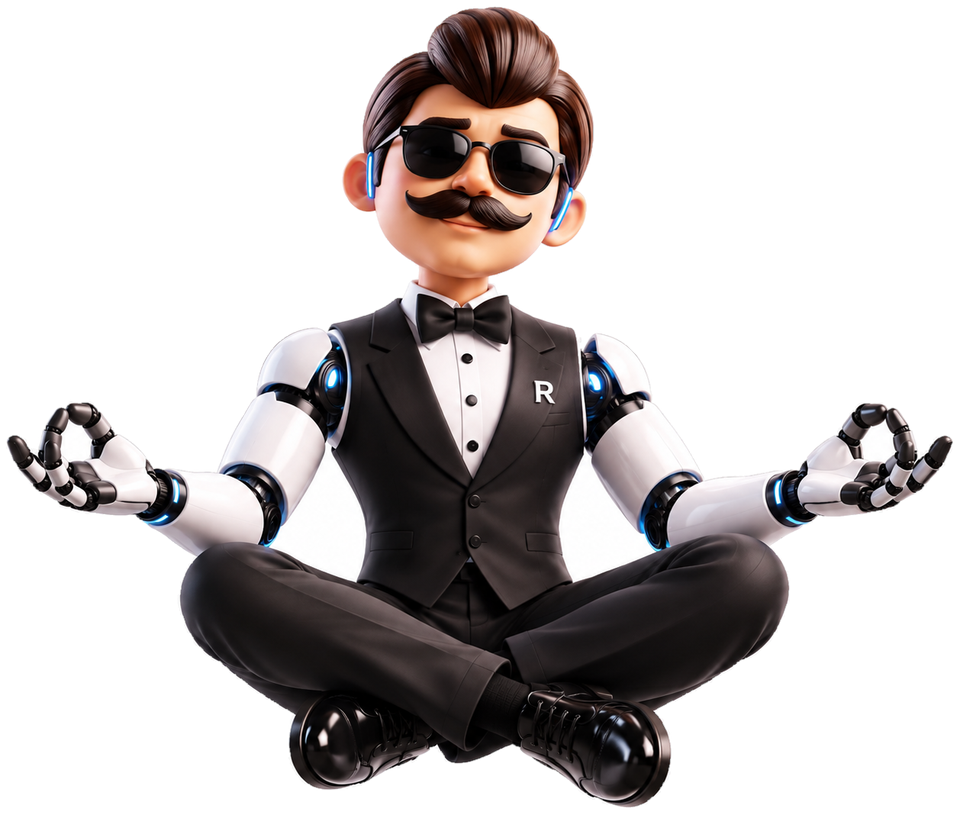 Robotchi, the AI assistant, floating cross-legged while your apps circle around him